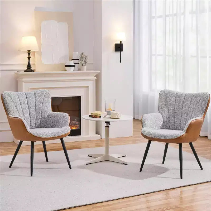 2er Set Moderner gepolsterter Sessel mit geschwungener Rückenlehne für das Wohnzimmer, Grau und Retro-Braun