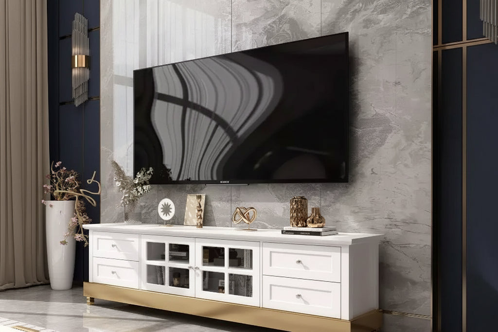 Famapy Media Console with Glass Doors Drawer Storage for Living Room TV Stand