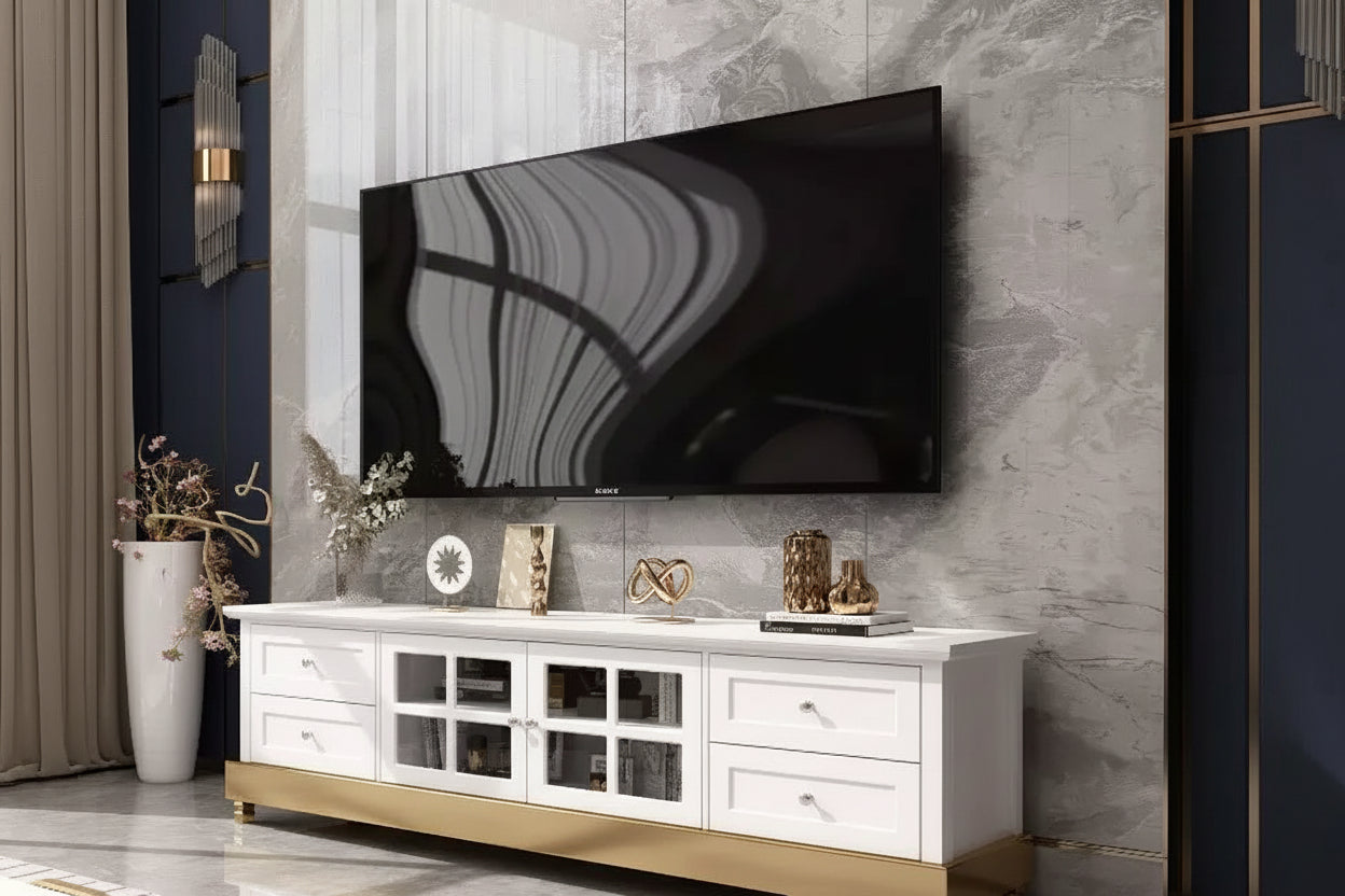 Famapy Media Console with Glass Doors Drawer Storage for Living Room TV Stand