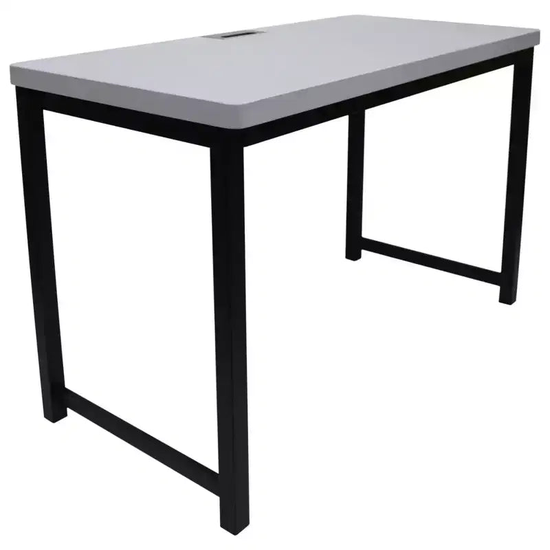 Bürocomputertisch, hellgraue Platte mit schwarzem Metallgestell, 76 cm hoch
