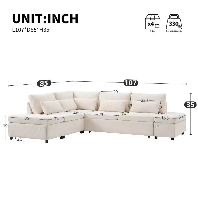 L-förmiges modulares Schlafsofa für 6 Personen mit Stauraum-Ottomane, Chenille, anpassbar