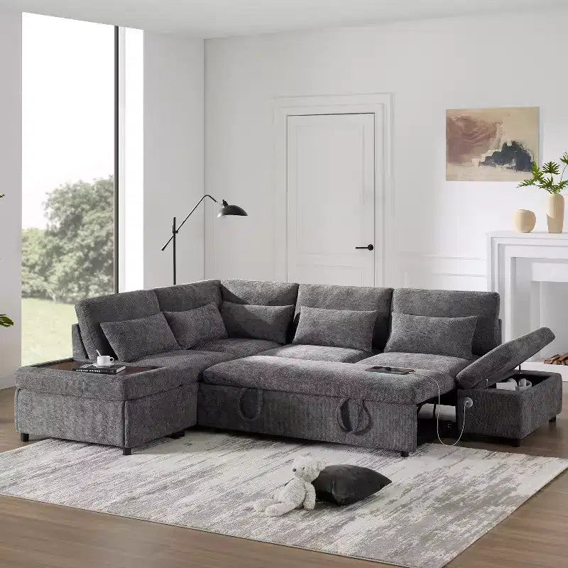 L-förmiges modulares Schlafsofa für 6 Personen mit Stauraum-Ottomane, Chenille, anpassbar