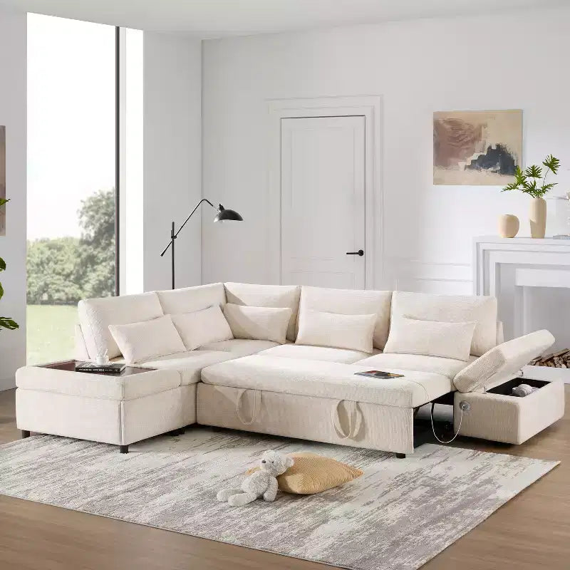 L-förmiges modulares Schlafsofa für 6 Personen mit Stauraum-Ottomane, Chenille, anpassbar