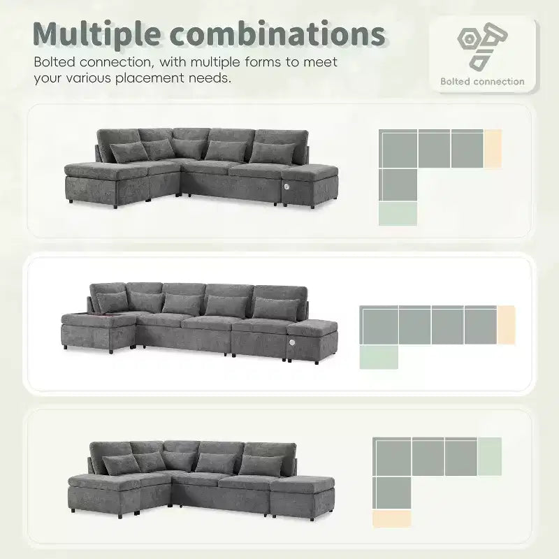 L-förmiges modulares Schlafsofa für 6 Personen mit Stauraum-Ottomane, Chenille, anpassbar