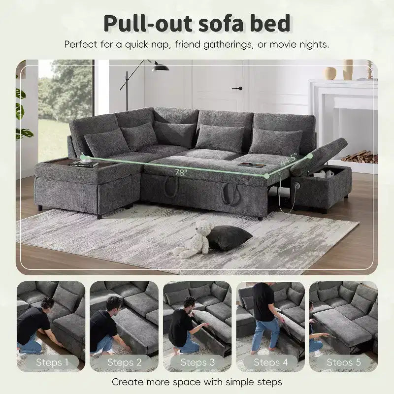 L-förmiges modulares Schlafsofa für 6 Personen mit Stauraum-Ottomane, Chenille, anpassbar