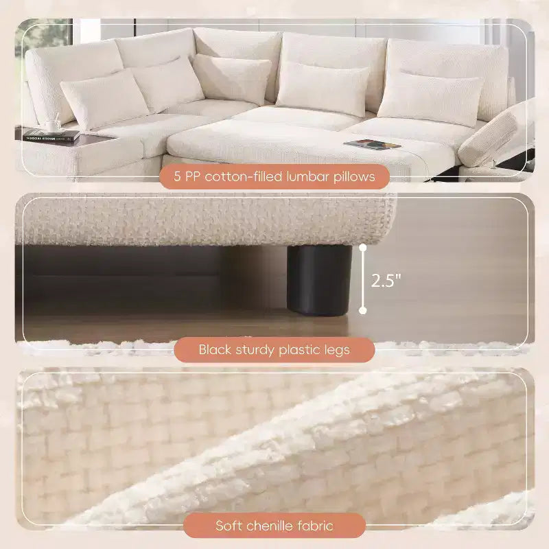 L-förmiges modulares Schlafsofa für 6 Personen mit Stauraum-Ottomane, Chenille, anpassbar