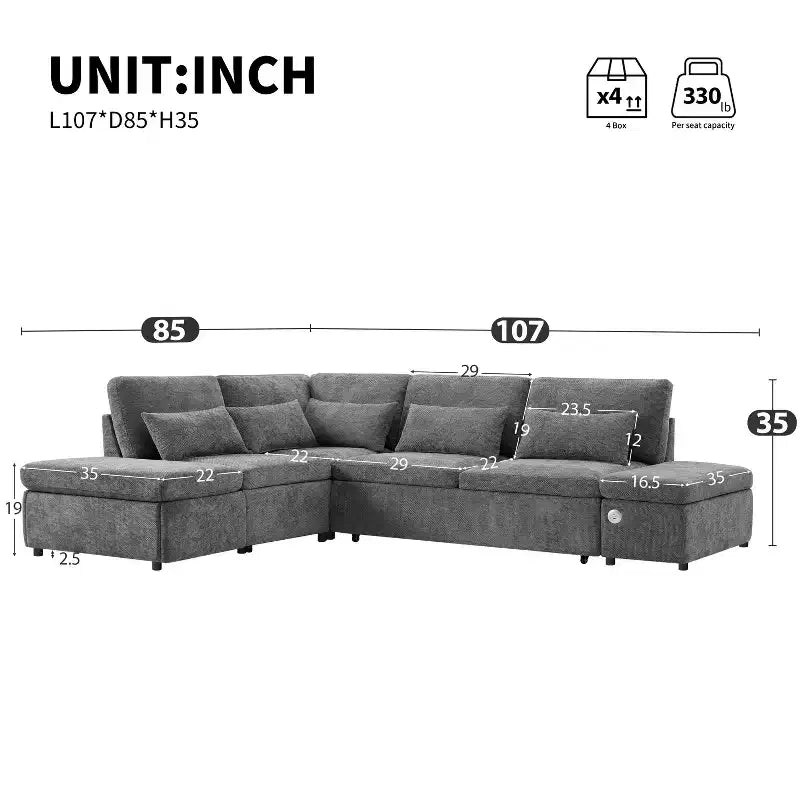 L-förmiges modulares Schlafsofa für 6 Personen mit Stauraum-Ottomane, Chenille, anpassbar