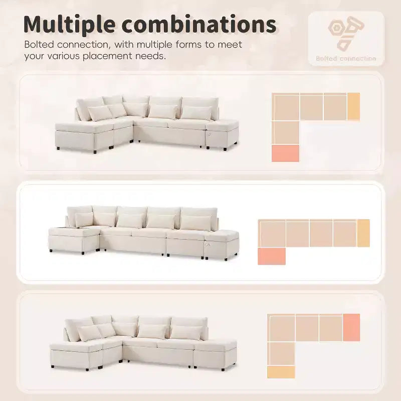 L-förmiges modulares Schlafsofa für 6 Personen mit Stauraum-Ottomane, Chenille, anpassbar