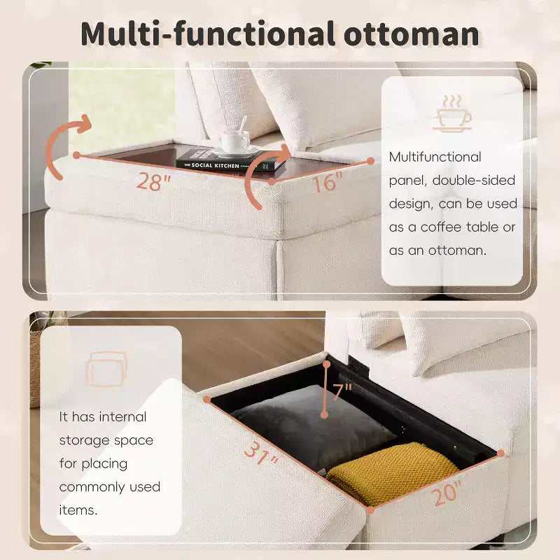 L-förmiges modulares Schlafsofa für 6 Personen mit Stauraum-Ottomane, Chenille, anpassbar