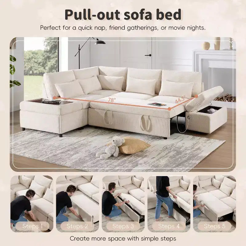 L-förmiges modulares Schlafsofa für 6 Personen mit Stauraum-Ottomane, Chenille, anpassbar