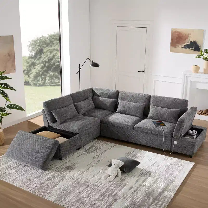 L-förmiges modulares Schlafsofa für 6 Personen mit Stauraum-Ottomane, Chenille, anpassbar