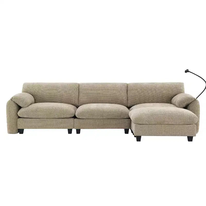 Gestreiftes Chenille Ecksofa-Modul mit USB-/Typ-C-Ladeanschlüssen und Aufbewahrungshocker