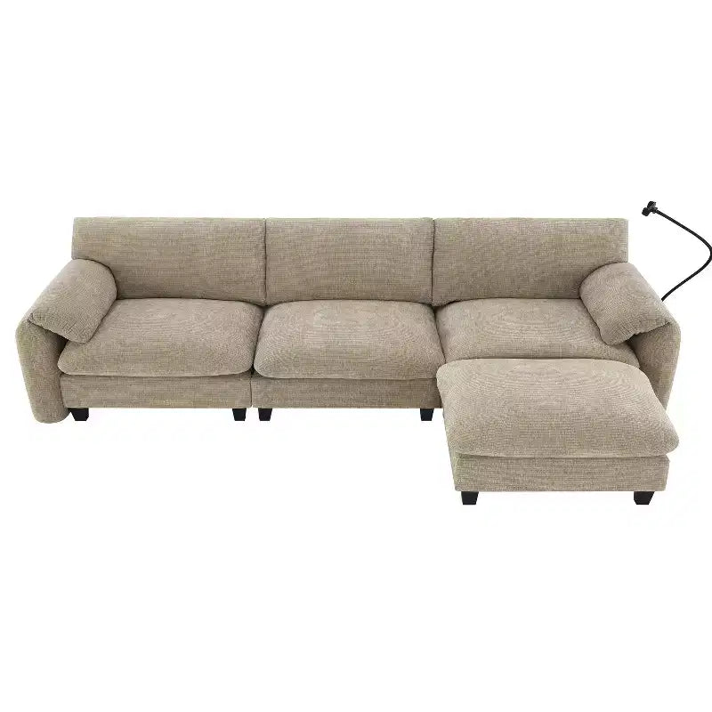 Gestreiftes Chenille Ecksofa-Modul mit USB-/Typ-C-Ladeanschlüssen und Aufbewahrungshocker