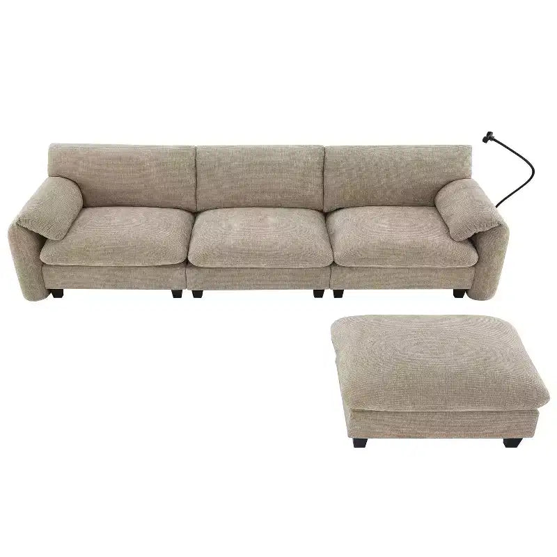 Gestreiftes Chenille Ecksofa-Modul mit USB-/Typ-C-Ladeanschlüssen und Aufbewahrungshocker