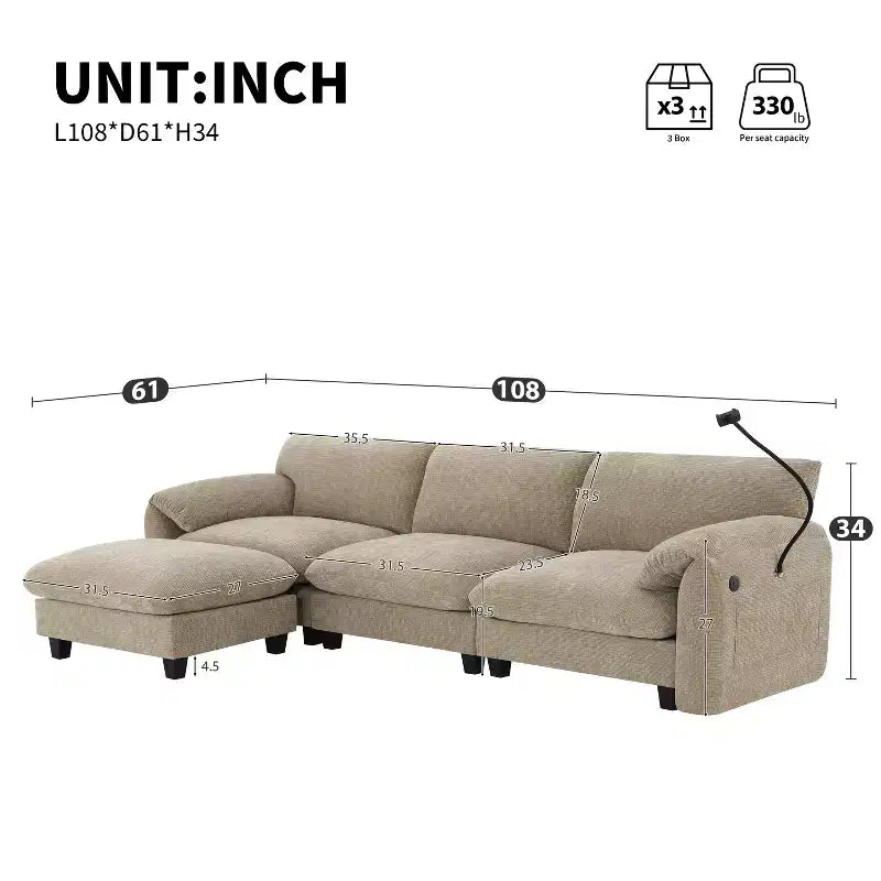 Gestreiftes Chenille Ecksofa-Modul mit USB-/Typ-C-Ladeanschlüssen und Aufbewahrungshocker