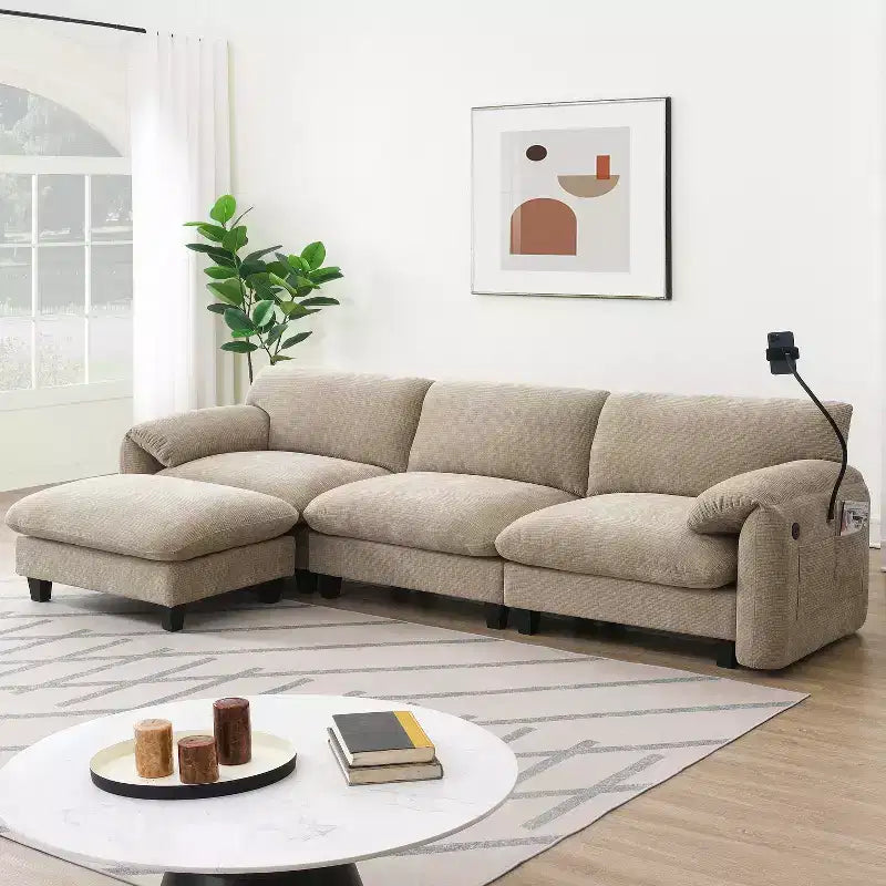 Gestreiftes Chenille Ecksofa-Modul mit USB-/Typ-C-Ladeanschlüssen und Aufbewahrungshocker