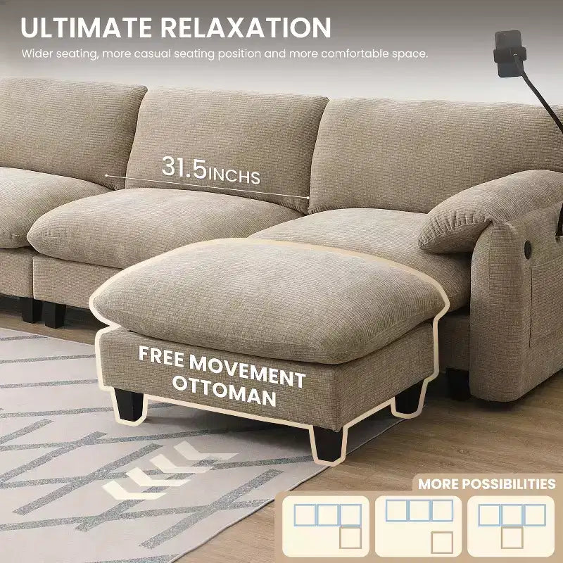 Gestreiftes Chenille Ecksofa-Modul mit USB-/Typ-C-Ladeanschlüssen und Aufbewahrungshocker