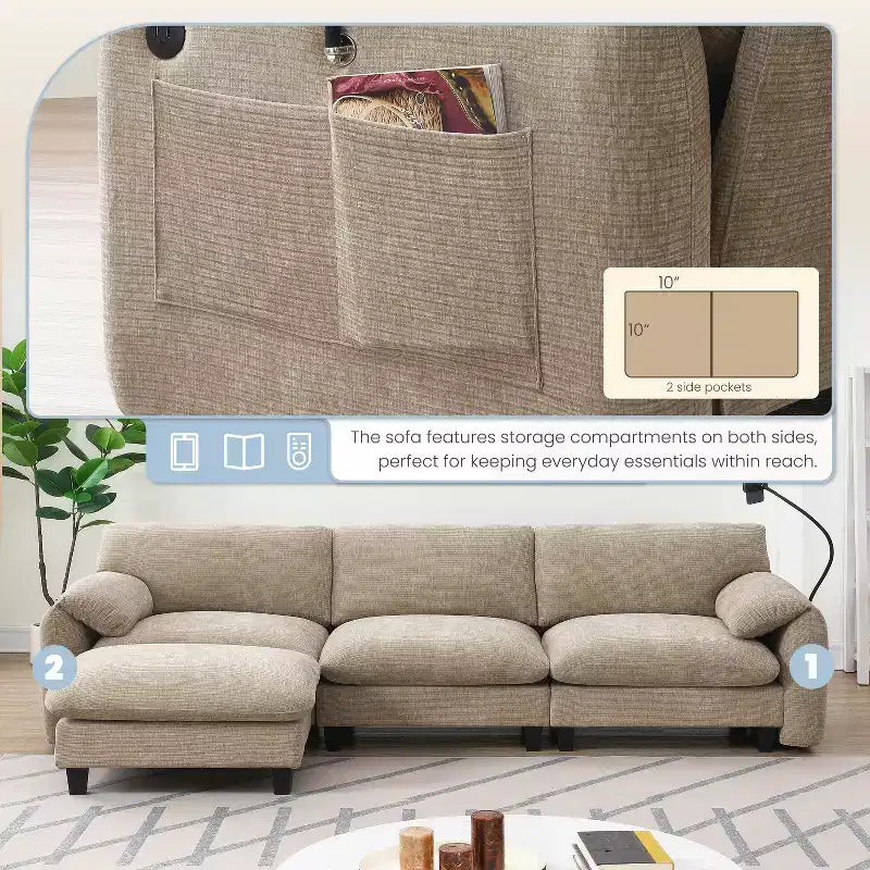 Gestreiftes Chenille Ecksofa-Modul mit USB-/Typ-C-Ladeanschlüssen und Aufbewahrungshocker