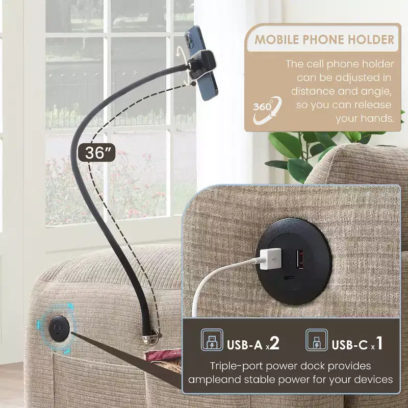 Gestreiftes Chenille Ecksofa-Modul mit USB-/Typ-C-Ladeanschlüssen und Aufbewahrungshocker