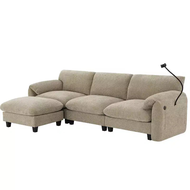 Gestreiftes Chenille Ecksofa-Modul mit USB-/Typ-C-Ladeanschlüssen und Aufbewahrungshocker