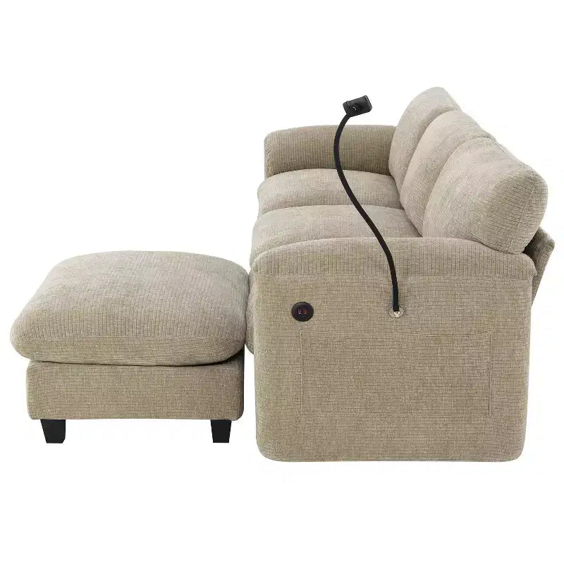 Gestreiftes Chenille Ecksofa-Modul mit USB-/Typ-C-Ladeanschlüssen und Aufbewahrungshocker