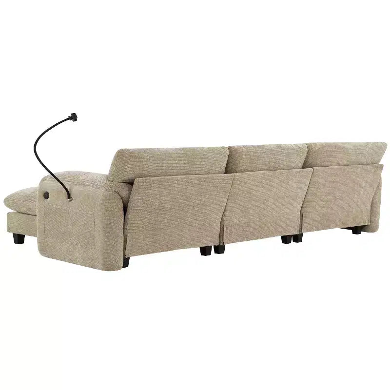 Gestreiftes Chenille Ecksofa-Modul mit USB-/Typ-C-Ladeanschlüssen und Aufbewahrungshocker
