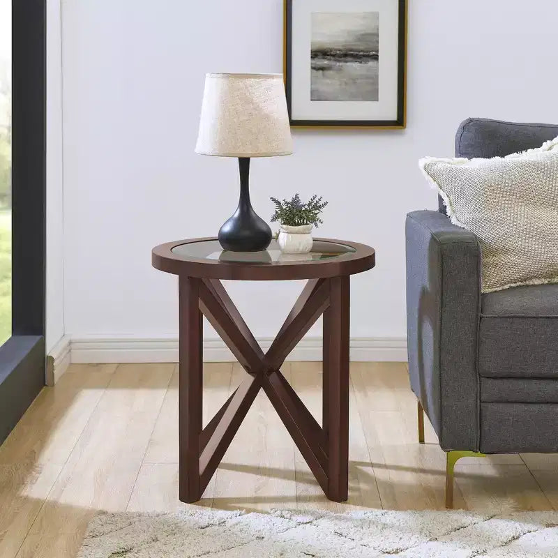 Runder/Ovaler Couchtisch, Glasbeistelltisch, Cocktailtisch, Sofatisch, Beistelltisch, Wohnzimmertisch, Schwarz/Kirsche – ModernLuxe
