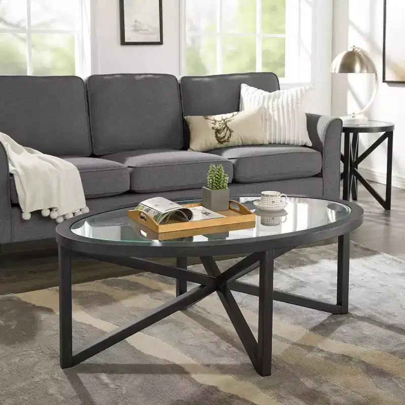 Runder/Ovaler Couchtisch, Glasbeistelltisch, Cocktailtisch, Sofatisch, Beistelltisch, Wohnzimmertisch, Schwarz/Kirsche – ModernLuxe
