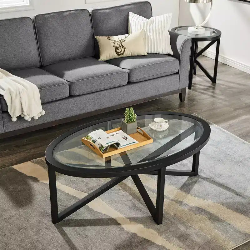 Runder/Ovaler Couchtisch, Glasbeistelltisch, Cocktailtisch, Sofatisch, Beistelltisch, Wohnzimmertisch, Schwarz/Kirsche – ModernLuxe