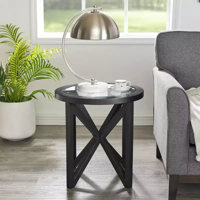 Runder/Ovaler Couchtisch, Glasbeistelltisch, Cocktailtisch, Sofatisch, Beistelltisch, Wohnzimmertisch, Schwarz/Kirsche – ModernLuxe