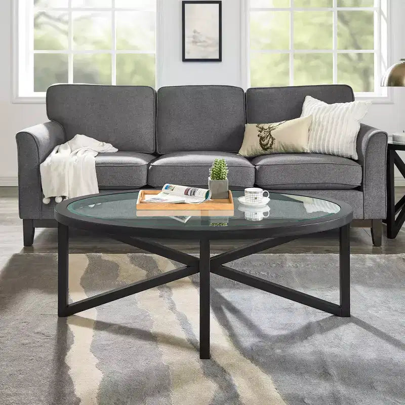 Runder/Ovaler Couchtisch, Glasbeistelltisch, Cocktailtisch, Sofatisch, Beistelltisch, Wohnzimmertisch, Schwarz/Kirsche – ModernLuxe