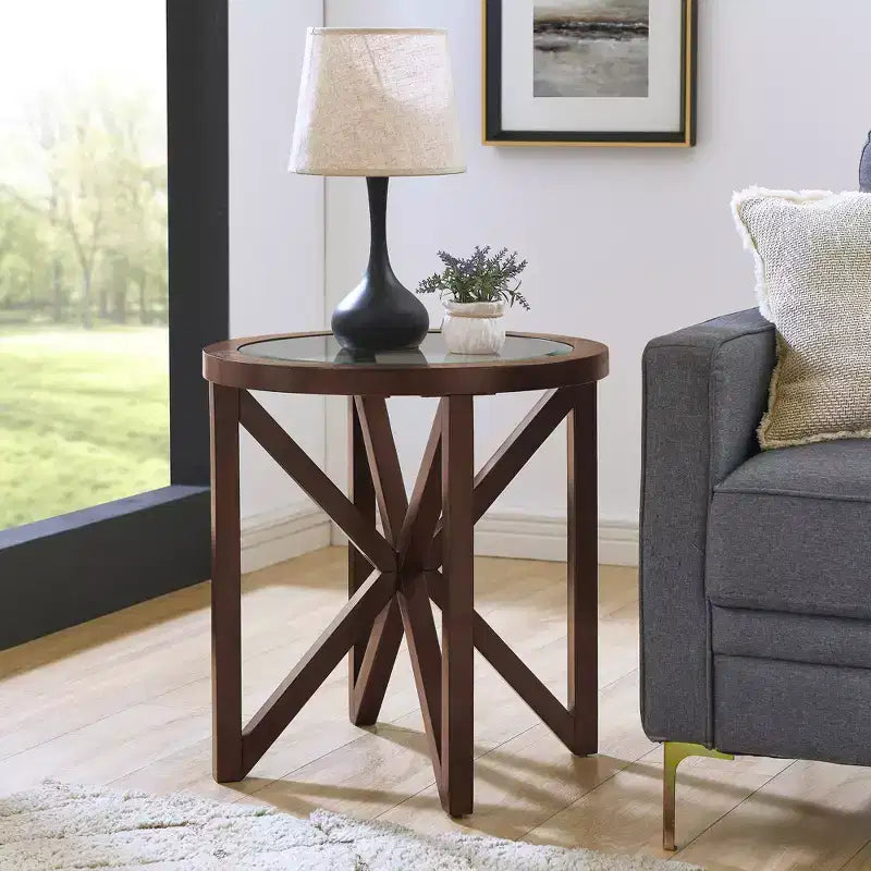 Runder/Ovaler Couchtisch, Glasbeistelltisch, Cocktailtisch, Sofatisch, Beistelltisch, Wohnzimmertisch, Schwarz/Kirsche – ModernLuxe