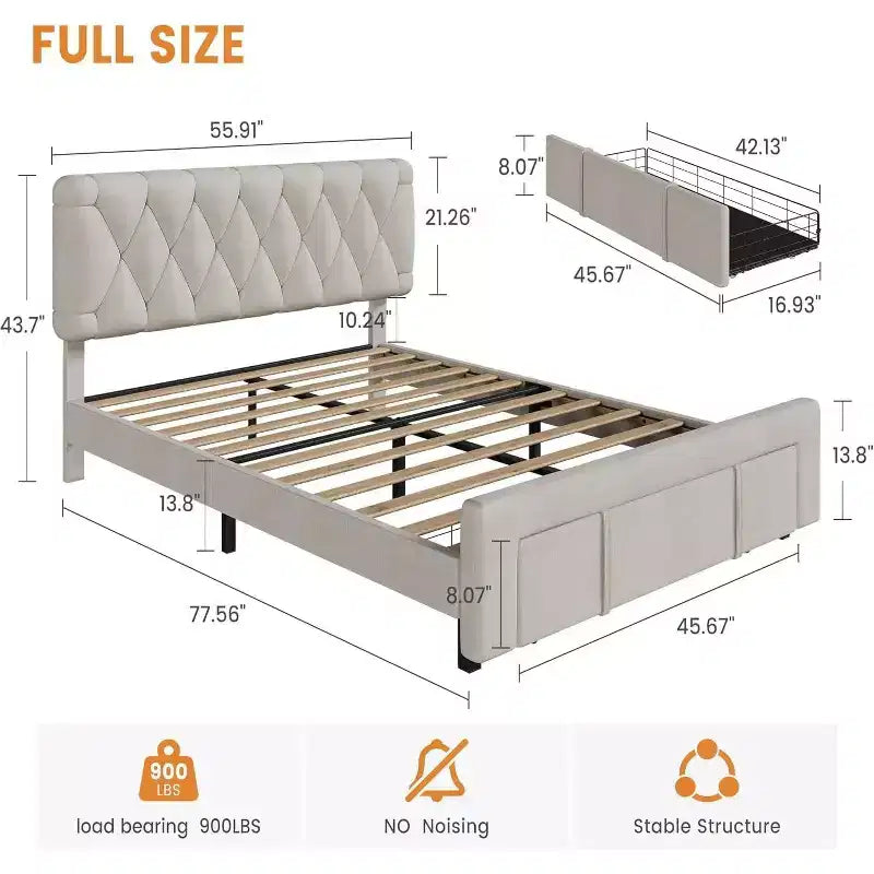 Samtbezogenes Bettgestell mit Schubladen, Plattformdesign mit Massivholzlattenrost, kein Boxspring erforderlich.