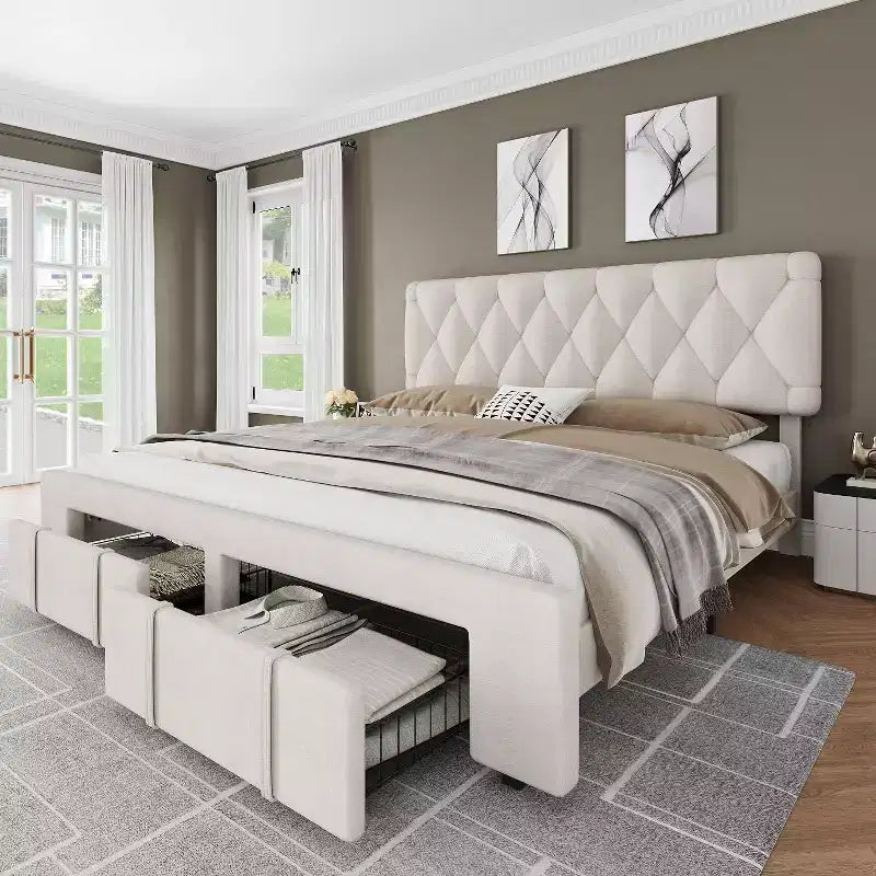 Samtbezogenes Bettgestell mit Schubladen, Plattformdesign mit Massivholzlattenrost, kein Boxspring erforderlich.