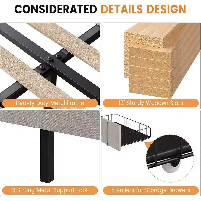 Samtbezogenes Bettgestell mit Schubladen, Plattformdesign mit Massivholzlattenrost, kein Boxspring erforderlich.