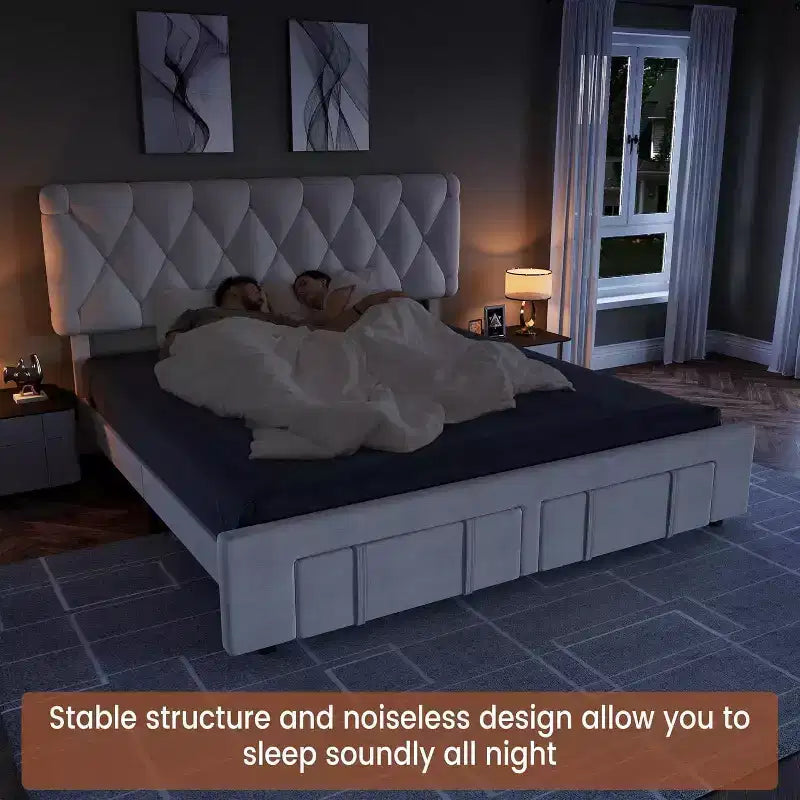Samtbezogenes Bettgestell mit Schubladen, Plattformdesign mit Massivholzlattenrost, kein Boxspring erforderlich.