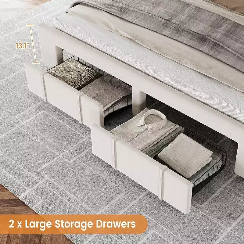 Samtbezogenes Bettgestell mit Schubladen, Plattformdesign mit Massivholzlattenrost, kein Boxspring erforderlich.