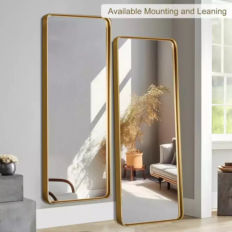 64" großer rechteckiger Wandspiegel mit Aluminiumlegierungsrahmen, Gold, zum Anlehnen oder Aufhängen
