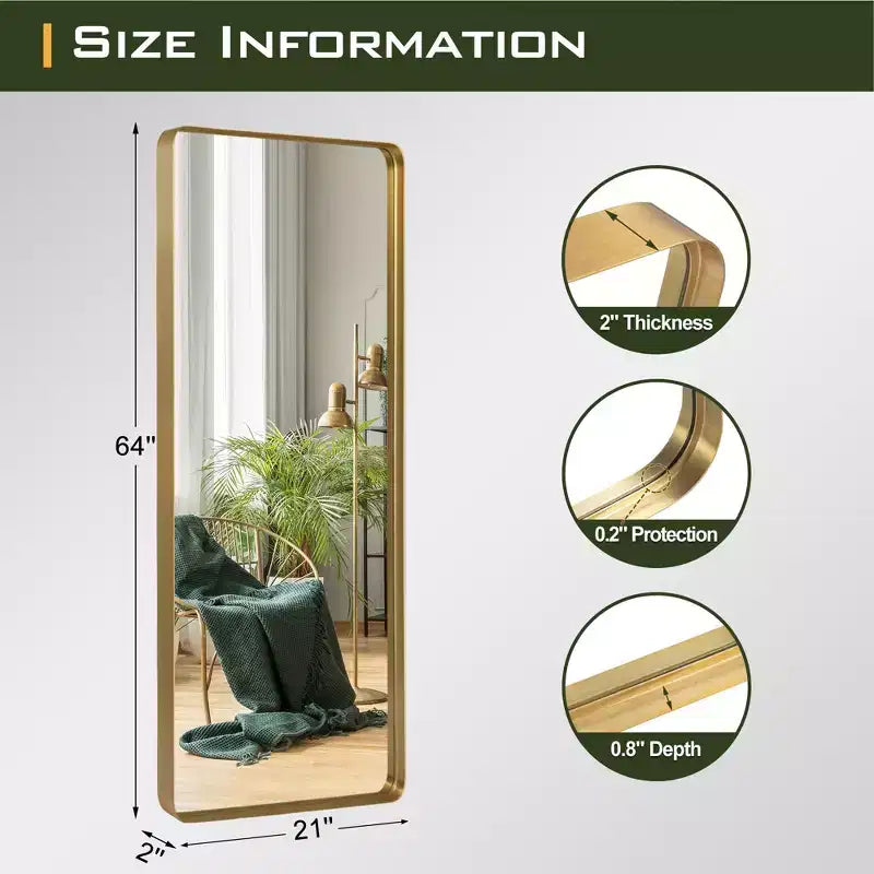 64" großer rechteckiger Wandspiegel mit Aluminiumlegierungsrahmen, Gold, zum Anlehnen oder Aufhängen