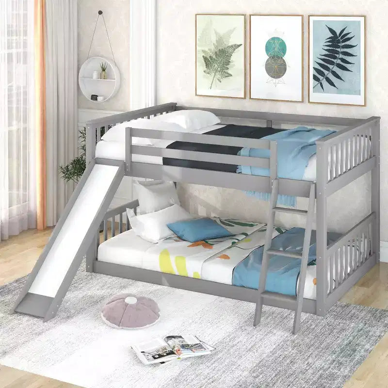 79.1" Etagenbett (Full-over-Full) mit umbaubarer Rutsche, Rausfallschutz und Leiter, Grau