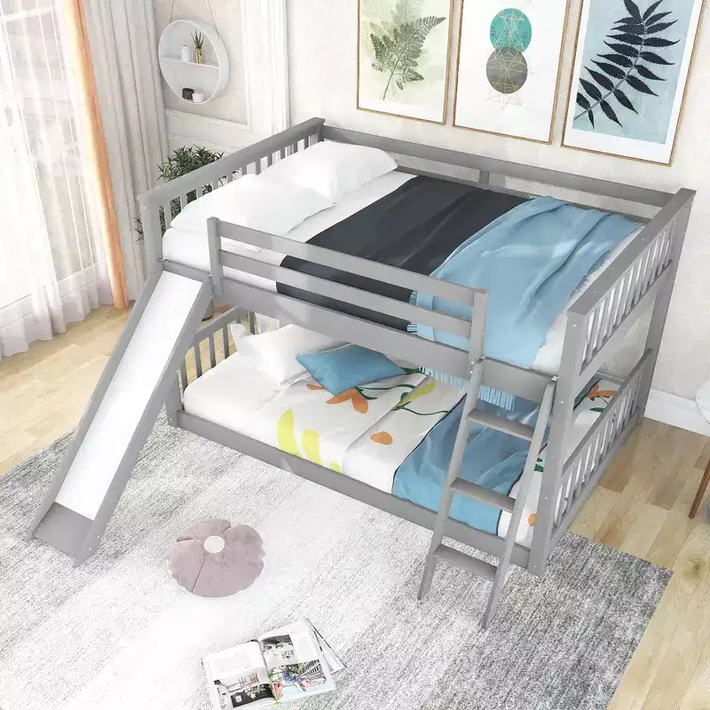79.1" Etagenbett (Full-over-Full) mit umbaubarer Rutsche, Rausfallschutz und Leiter, Grau