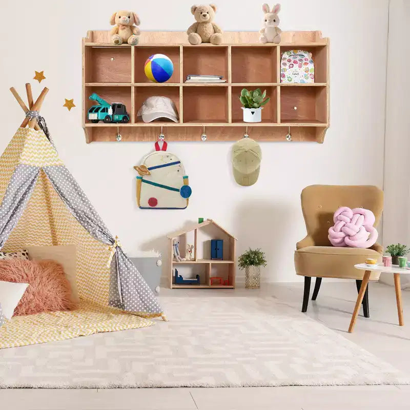 Wandmontierter Aufbewahrungsschrank: 15 Fächer, 5 Haken, für 10 Kinder, doppelt stapelbar, 119,38 x 78,74 x 29,72 cm, Montageset (für Klassenzimmer/Kindergärten)