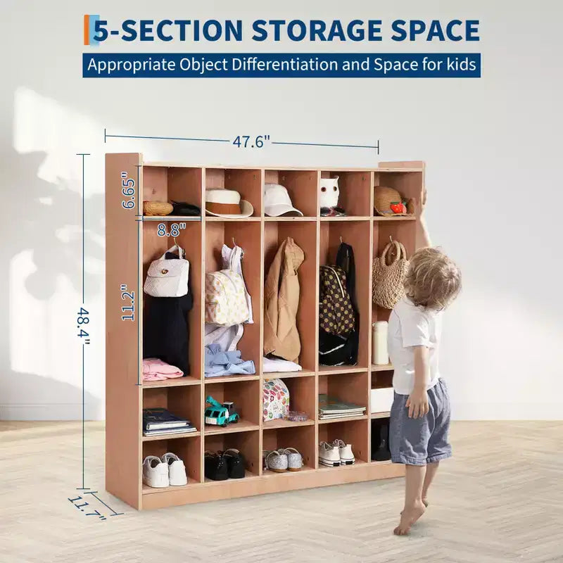 Wandmontierter Aufbewahrungsschrank: 15 Fächer, 5 Haken, für 10 Kinder, doppelt stapelbar, 119,38 x 78,74 x 29,72 cm, Montageset (für Klassenzimmer/Kindergärten)
