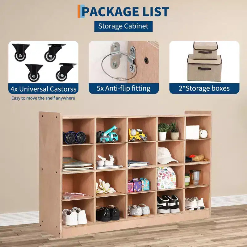 Wandmontierter Aufbewahrungsschrank: 15 Fächer, 5 Haken, für 10 Kinder, doppelt stapelbar, 119,38 x 78,74 x 29,72 cm, Montageset (für Klassenzimmer/Kindergärten)
