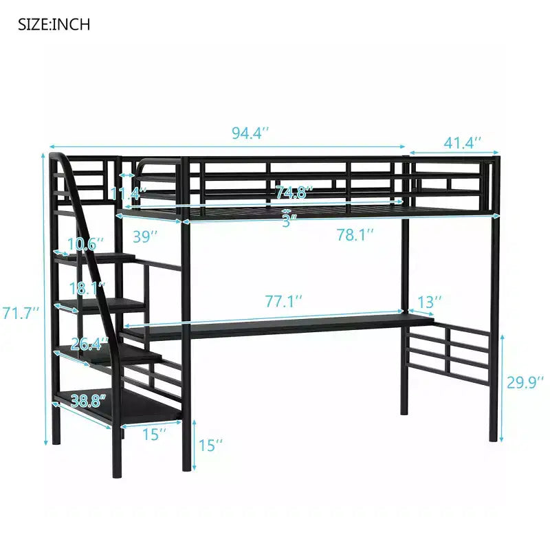 Metall-Hochbett Schwerlast-Etagenbett mit Schreibtisch, Twin-Size-Etagenbettrahmen mit Treppe für Schlafzimmer, Wohnheim oder Gästezimmer, Schwarz