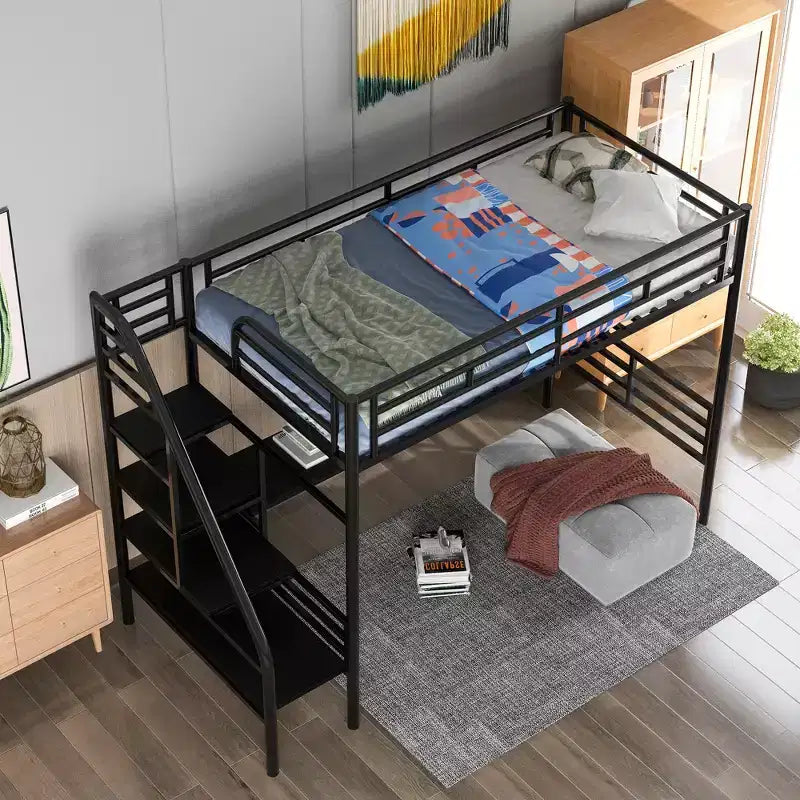 Metall-Hochbett Schwerlast-Etagenbett mit Schreibtisch, Twin-Size-Etagenbettrahmen mit Treppe für Schlafzimmer, Wohnheim oder Gästezimmer, Schwarz