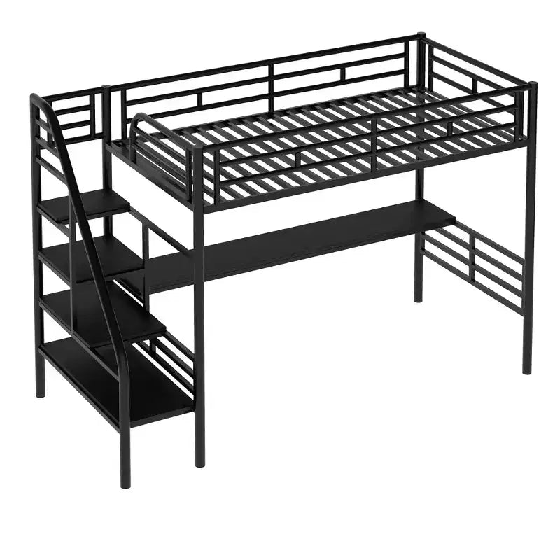 Metall-Hochbett Schwerlast-Etagenbett mit Schreibtisch, Twin-Size-Etagenbettrahmen mit Treppe für Schlafzimmer, Wohnheim oder Gästezimmer, Schwarz
