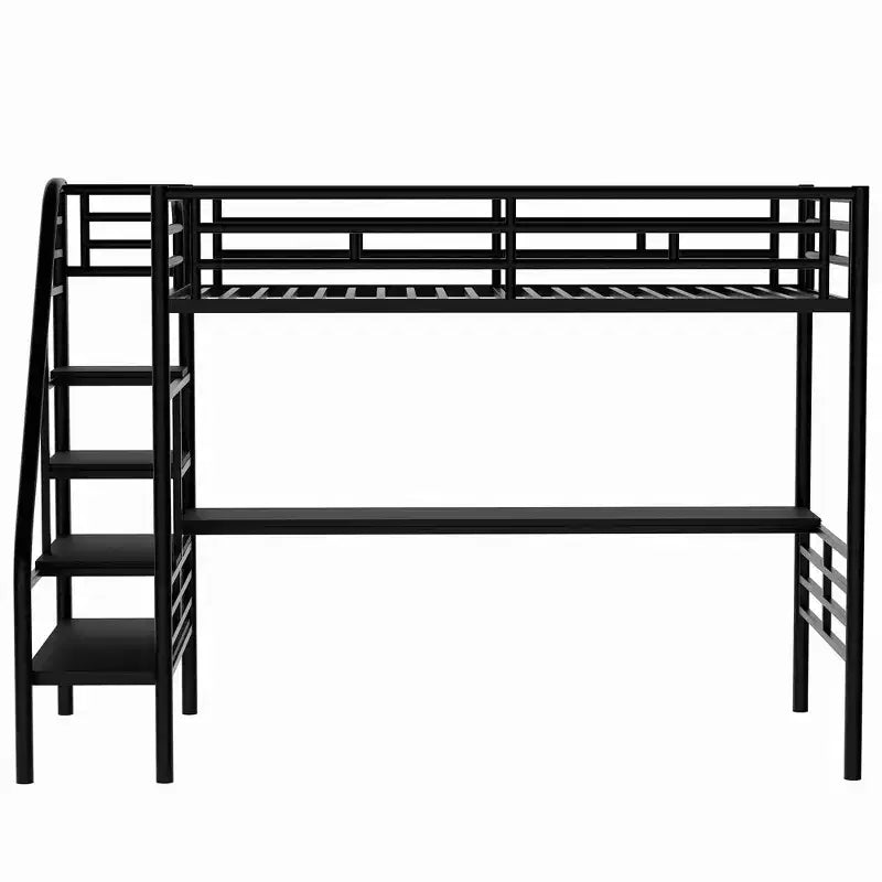 Metall-Hochbett Schwerlast-Etagenbett mit Schreibtisch, Twin-Size-Etagenbettrahmen mit Treppe für Schlafzimmer, Wohnheim oder Gästezimmer, Schwarz