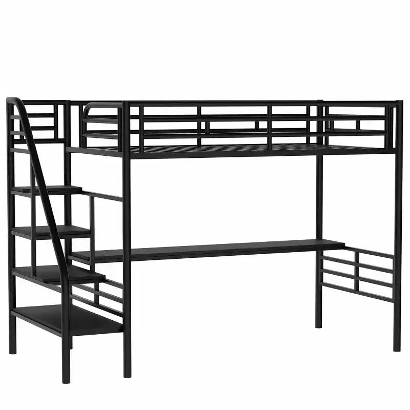 Metall-Hochbett Schwerlast-Etagenbett mit Schreibtisch, Twin-Size-Etagenbettrahmen mit Treppe für Schlafzimmer, Wohnheim oder Gästezimmer, Schwarz