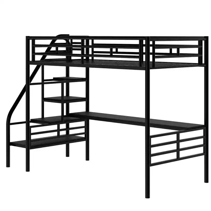 Metall-Hochbett Schwerlast-Etagenbett mit Schreibtisch, Twin-Size-Etagenbettrahmen mit Treppe für Schlafzimmer, Wohnheim oder Gästezimmer, Schwarz